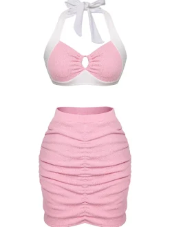 Discount Retro Stage 1940s Patchwork Lace-Up Halter Swimsuit Pink
