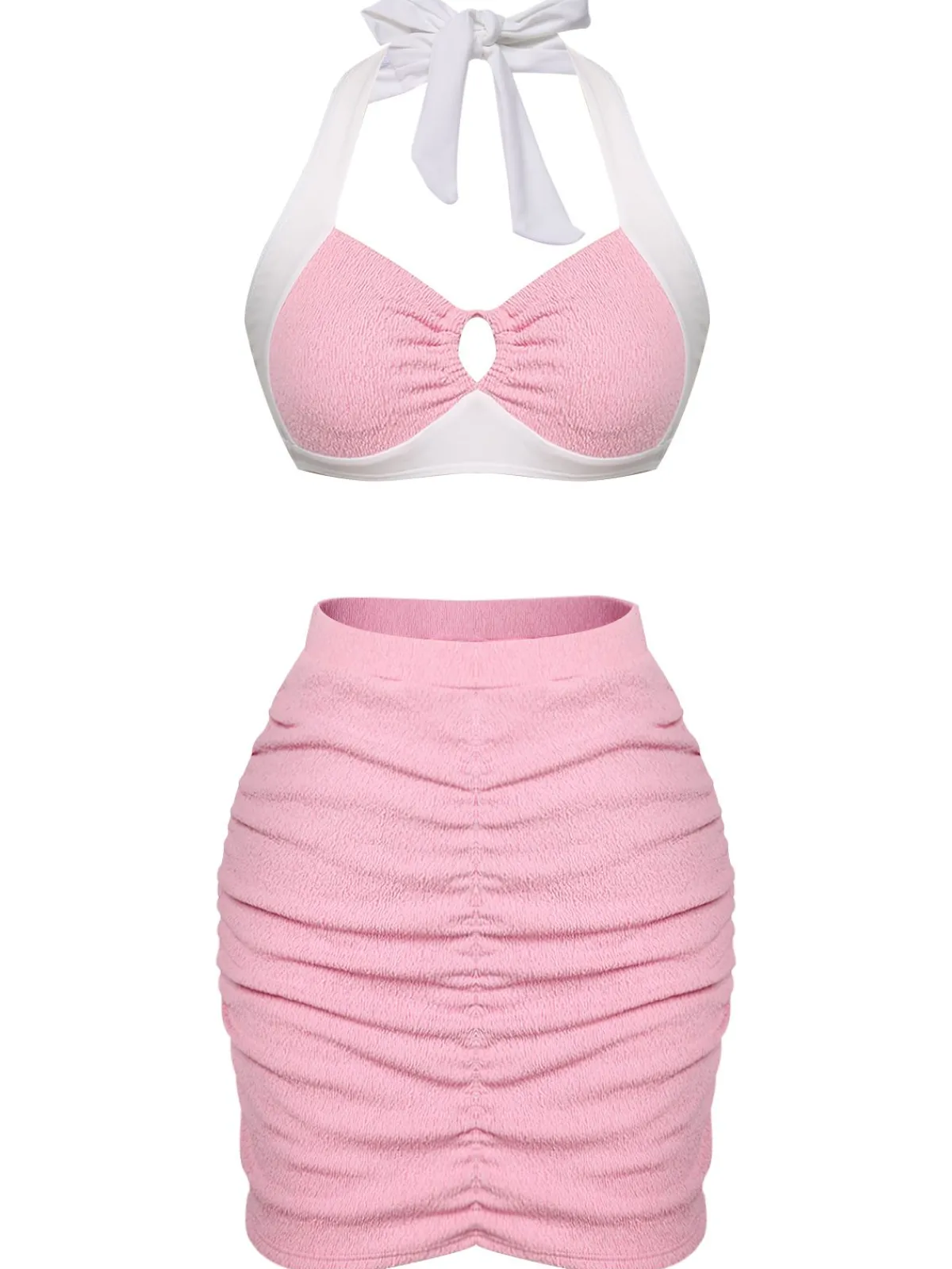 Discount Retro Stage 1940s Patchwork Lace-Up Halter Swimsuit Pink