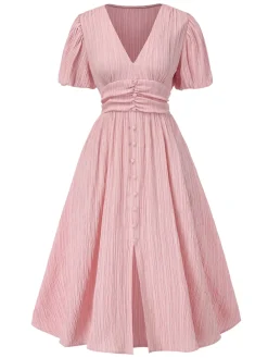 New Retro Stage 1950s Pinstripe V-Neck Puff Sleeves Ruched Dress Pink