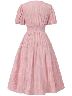 New Retro Stage 1950s Pinstripe V-Neck Puff Sleeves Ruched Dress Pink