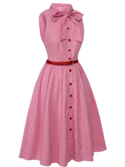 Hot Retro Stage 1950s Pinstripes Tie Collar Dress Pink