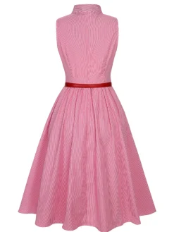 Hot Retro Stage 1950s Pinstripes Tie Collar Dress Pink