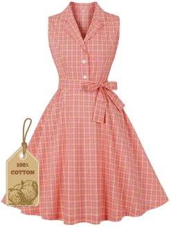 Fashion Retro Stage 1950s Plaid Buttoned Lapel Belted Dress Pink