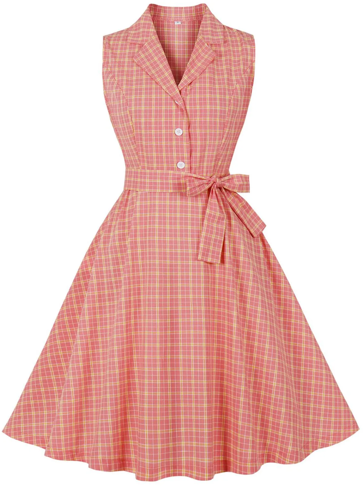 Fashion Retro Stage 1950s Plaid Buttoned Lapel Belted Dress Pink