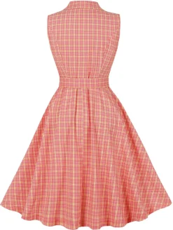 Fashion Retro Stage 1950s Plaid Buttoned Lapel Belted Dress Pink