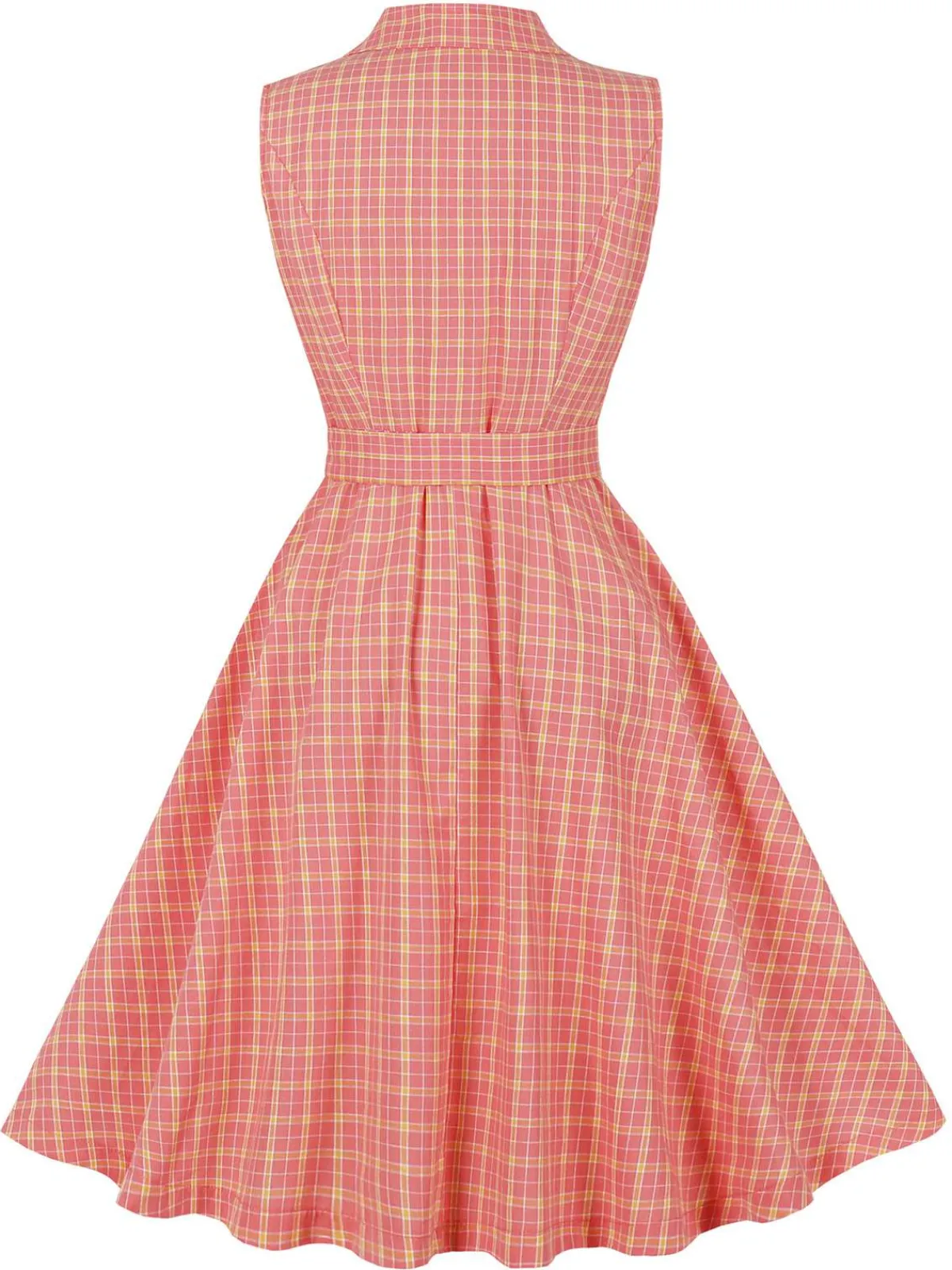 Fashion Retro Stage 1950s Plaid Buttoned Lapel Belted Dress Pink