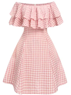 Discount Retro Stage 1950s Plaid Cotton Off-Shoulder Dress Pink