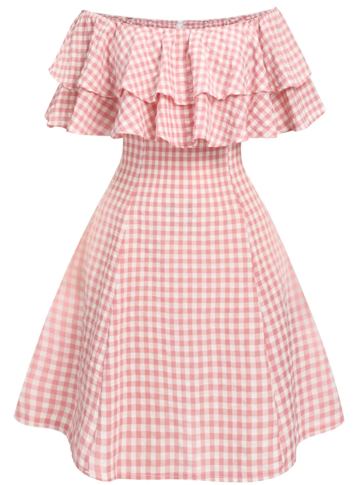Discount Retro Stage 1950s Plaid Cotton Off-Shoulder Dress Pink