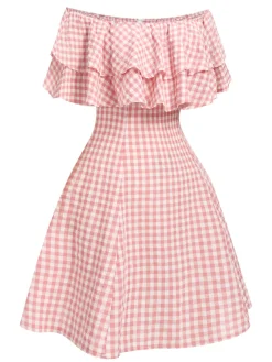 Discount Retro Stage 1950s Plaid Cotton Off-Shoulder Dress Pink