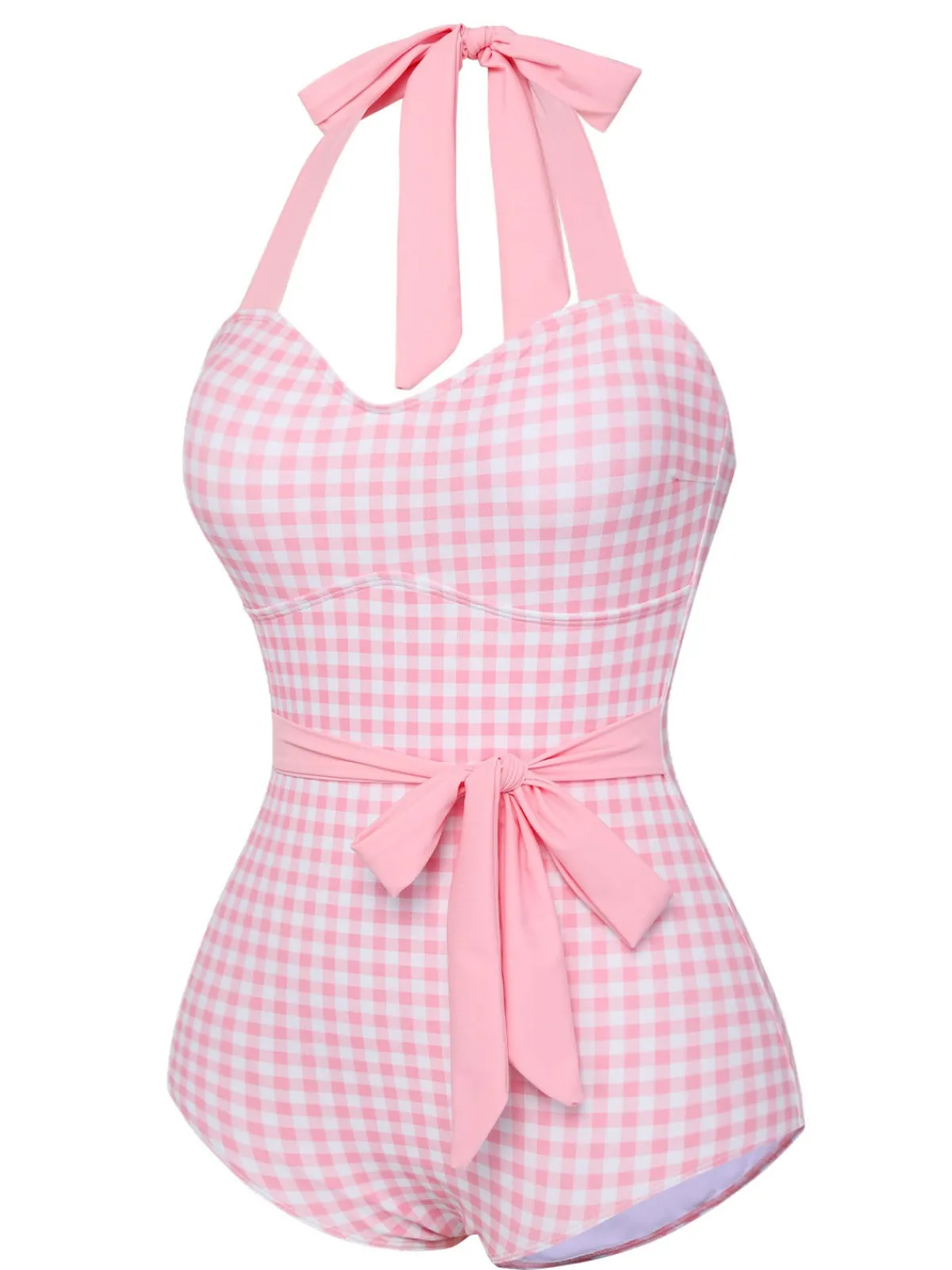 Fashion Retro Stage 1940s Plaid Halter One-Piece Swimsuit Pink