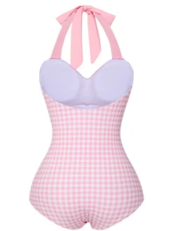 Fashion Retro Stage 1940s Plaid Halter One-Piece Swimsuit Pink