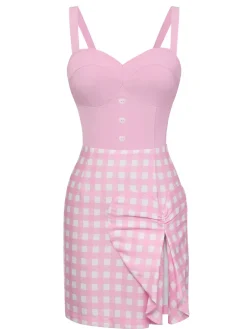 Fashion Retro Stage 1960s Plaid Heart Slit Strap Dress Pink