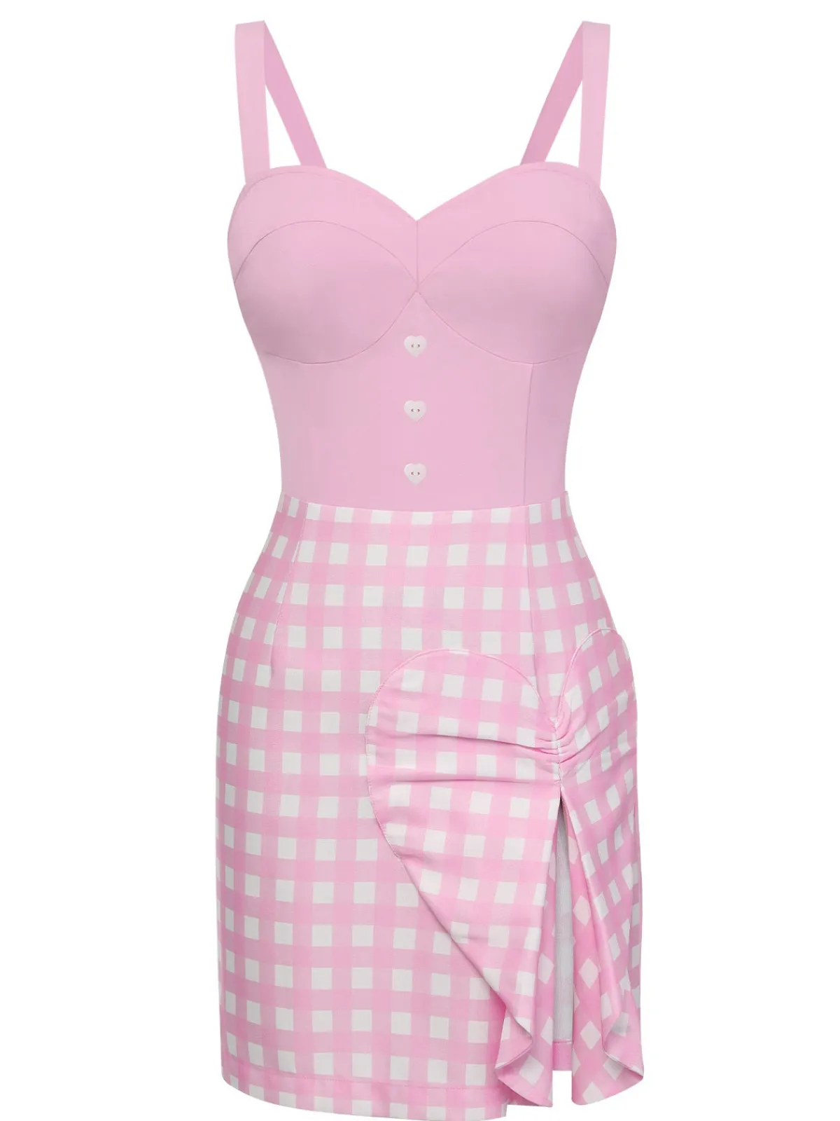 Fashion Retro Stage 1960s Plaid Heart Slit Strap Dress Pink