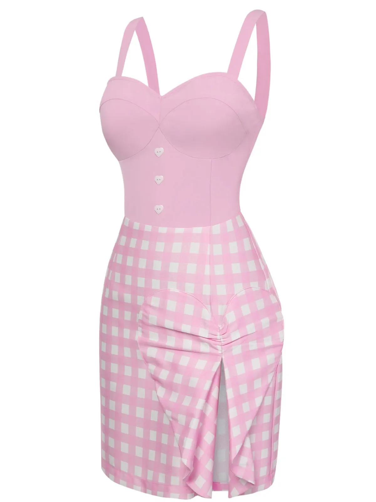 Fashion Retro Stage 1960s Plaid Heart Slit Strap Dress Pink