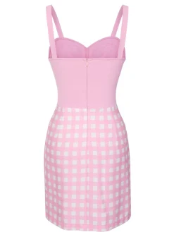 Fashion Retro Stage 1960s Plaid Heart Slit Strap Dress Pink