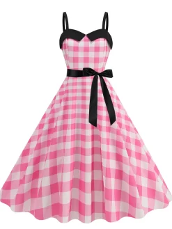 Hot Retro Stage 1950s Plaid Patchwork Spaghetti Straps Dress Pink