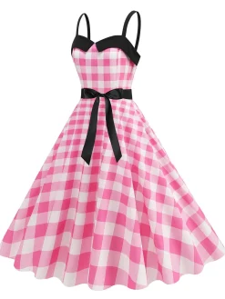 Hot Retro Stage 1950s Plaid Patchwork Spaghetti Straps Dress Pink