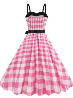Hot Retro Stage 1950s Plaid Patchwork Spaghetti Straps Dress Pink