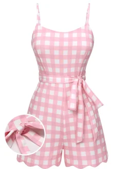 Best Retro Stage 1950s Plaid Spaghetti Strap Romper Pink