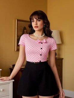 Outlet Retro Stage 1950s Polka Dot Bow Romper Pink