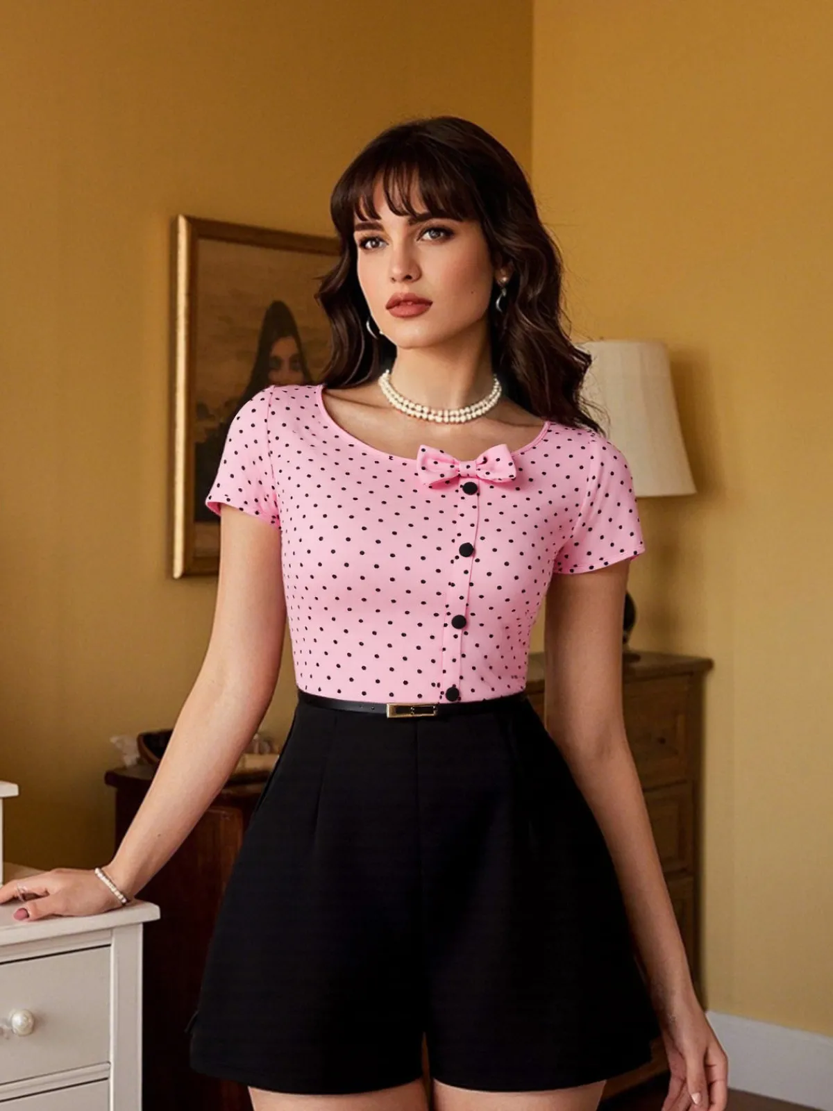 Outlet Retro Stage 1950s Polka Dot Bow Romper Pink