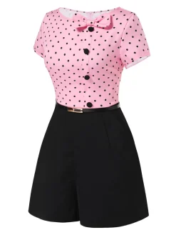 Outlet Retro Stage 1950s Polka Dot Bow Romper Pink