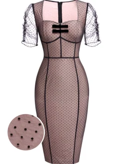 Online Retro Stage 1960s Polka Dot Mesh Pencil Dress Pink