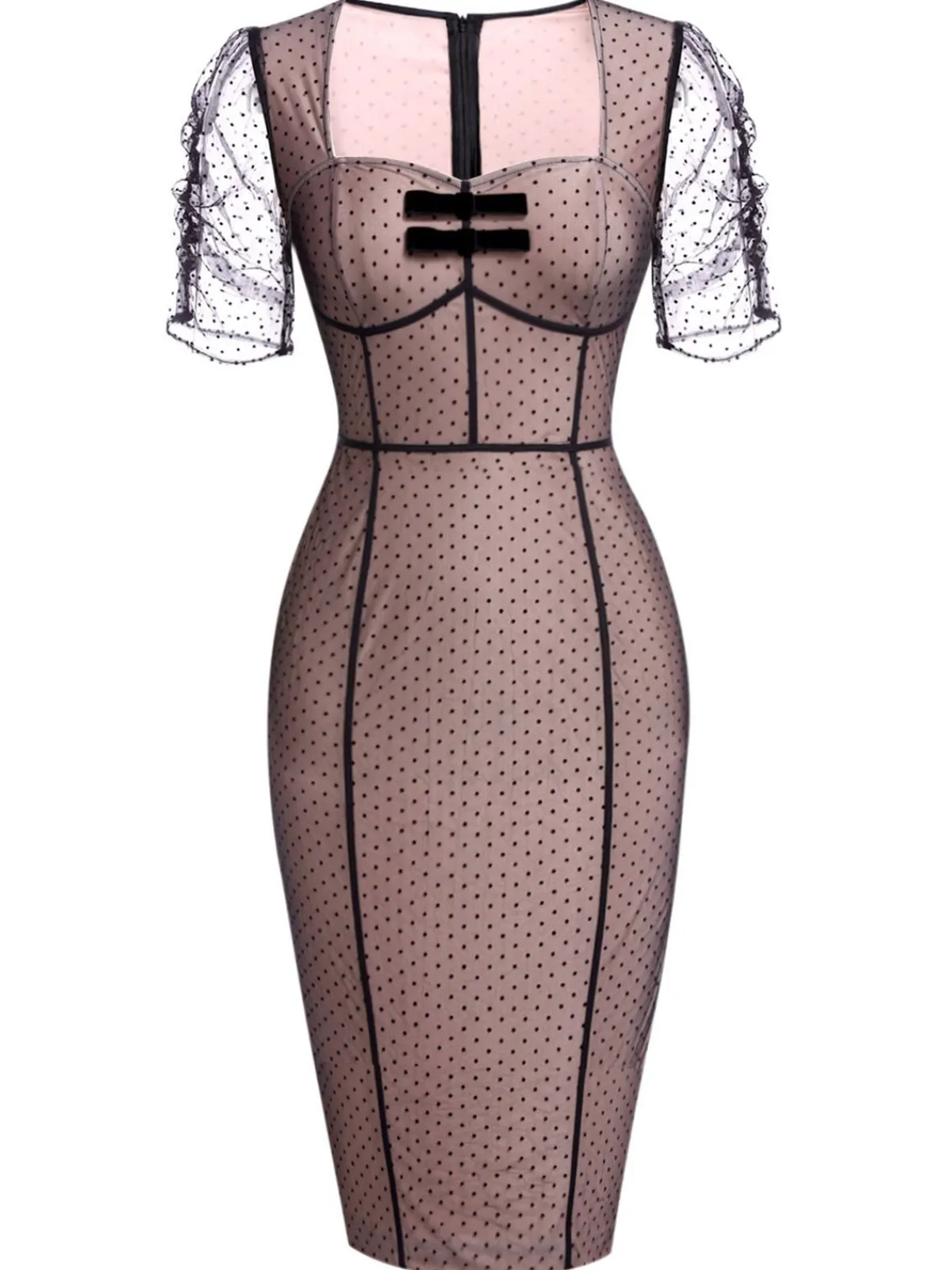 Online Retro Stage 1960s Polka Dot Mesh Pencil Dress Pink