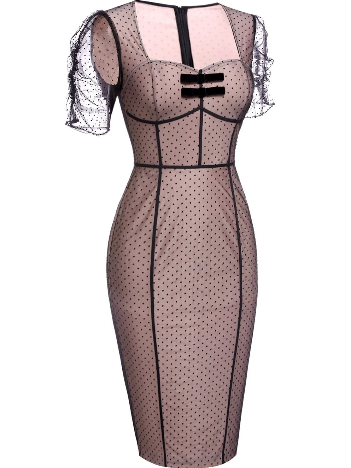 Online Retro Stage 1960s Polka Dot Mesh Pencil Dress Pink