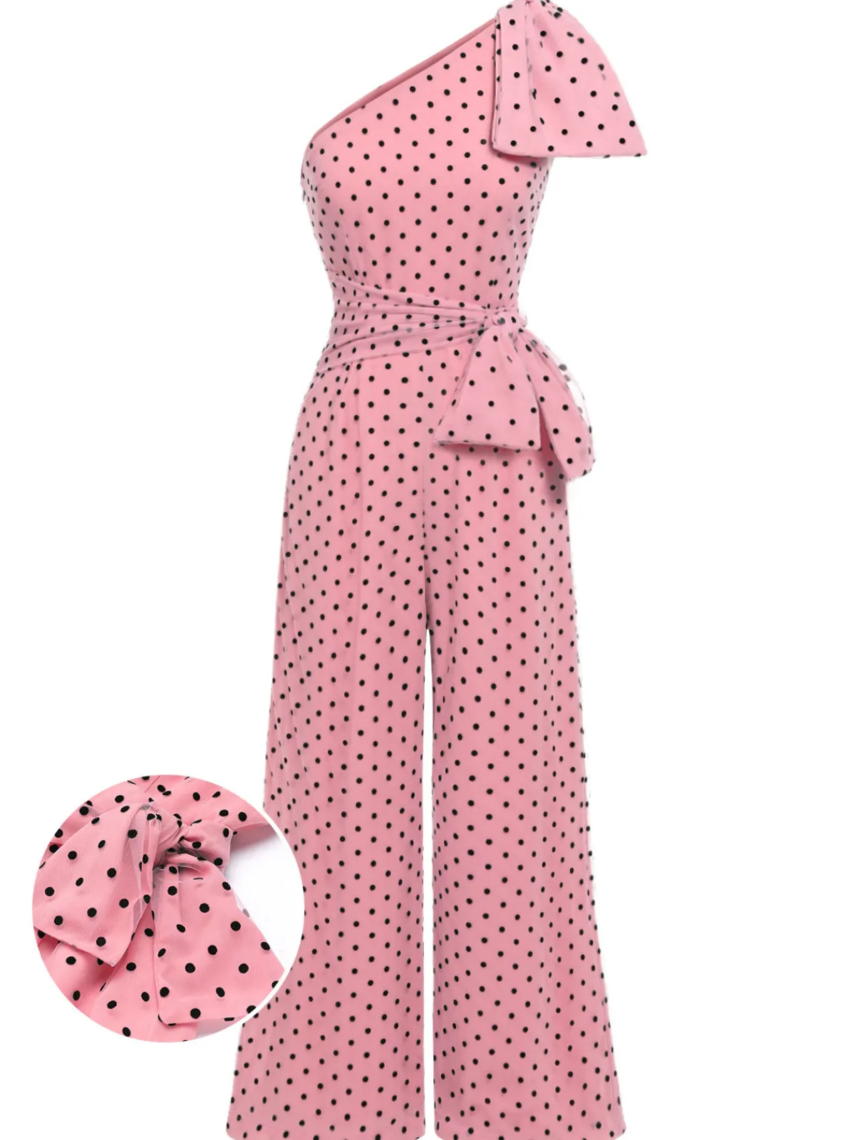 Clearance Retro Stage 1930s Polka Dot One-shoulder Jumpsuit Pink