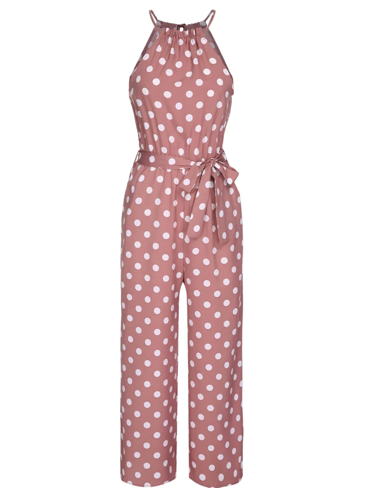 Sale Retro Stage Pink 1930s Polka Dots Drawstring Halter Jumpsuit Coral Pink