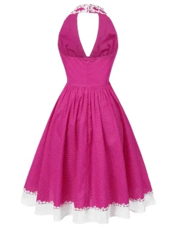 Best Retro Stage 1950s Polka Dots Halter Cotton Dress Pink