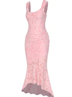 Fashion Retro Stage 1930s Printed Textured Fishtail Strapless Dress Pink
