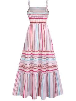 Fashion Retro Stage 1940s Rainbow Striped Tube Dress Pink