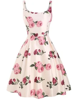 Outlet Retro Stage 1950s Rose Floral Swing Dress Pink