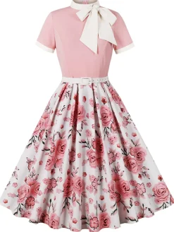 Sale Retro Stage 1950s Rose Patchwork Tie Collar Dress Pink