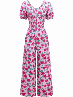Discount Retro Stage 1930s Rose Puff Sleeve Jumpsuit Pink