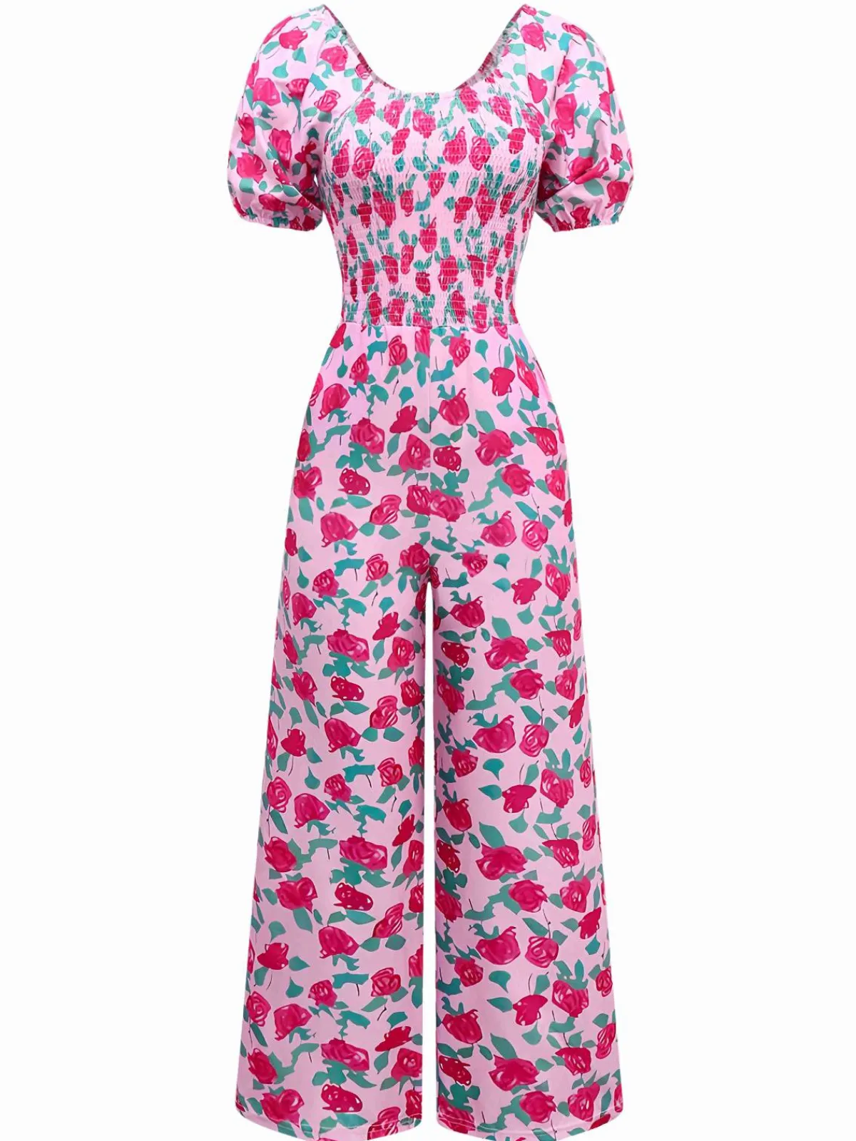 Discount Retro Stage 1930s Rose Puff Sleeve Jumpsuit Pink