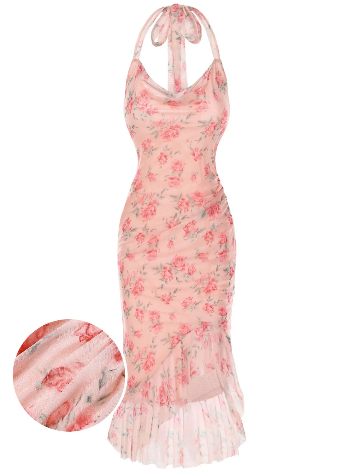 Fashion Retro Stage Pink 1930s Rose Silk Mesh Mermaid Dress Pale Pink