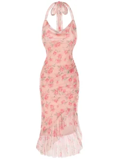 Fashion Retro Stage Pink 1930s Rose Silk Mesh Mermaid Dress Pale Pink