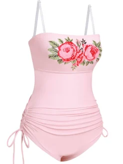 Best Retro Stage 1940s Rose Strap One-piece Swimsuit Pink