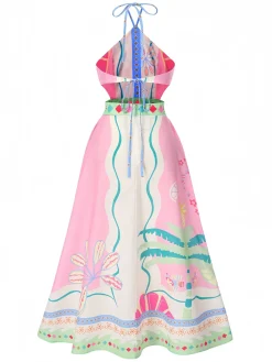 Hot Retro Stage 1970s Round Halter Tropical Boho Dress Pink