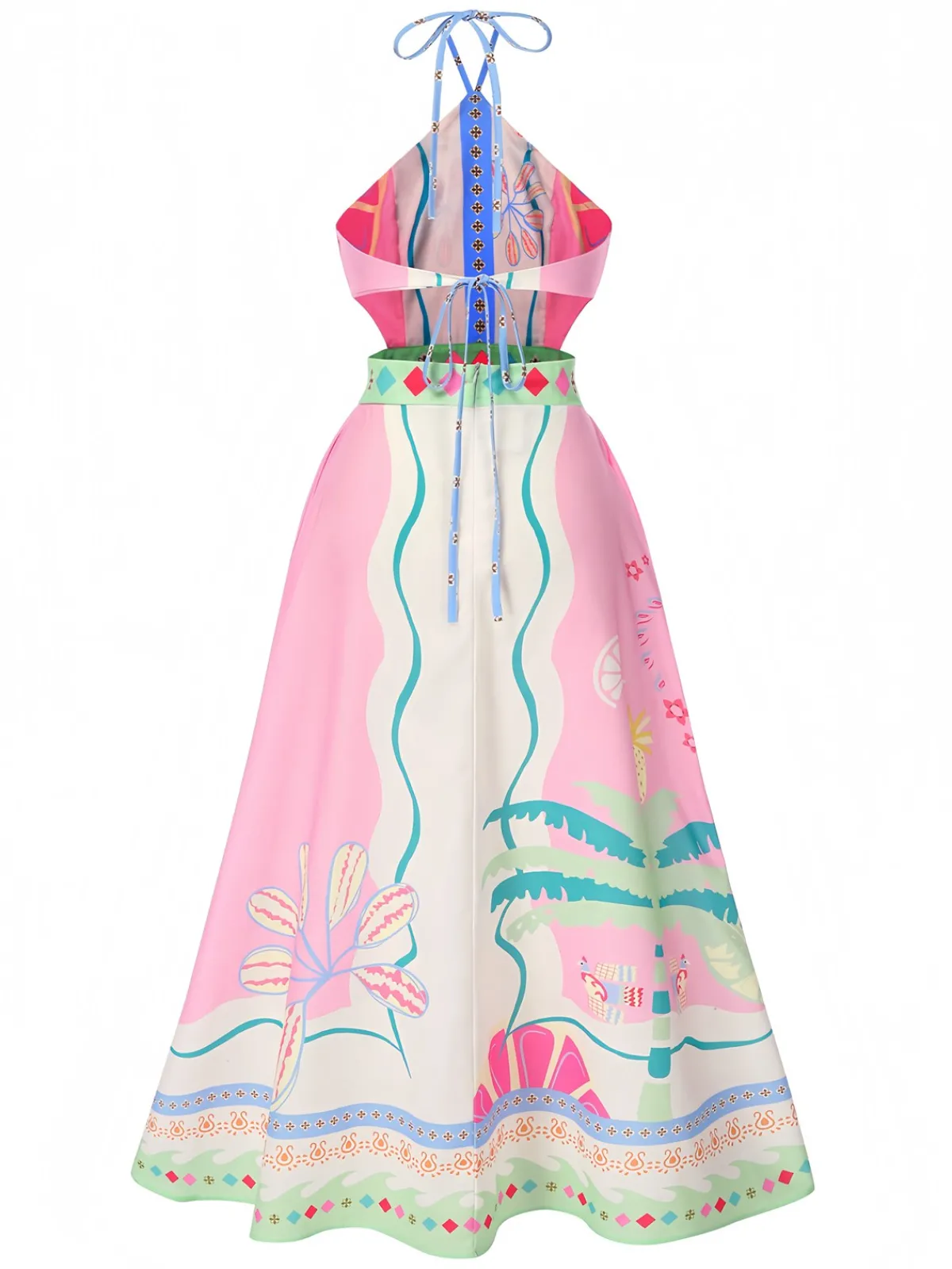 Hot Retro Stage 1970s Round Halter Tropical Boho Dress Pink