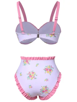 Best Retro Stage 1950s Ruffled Hem Floral Bikini Set Pink