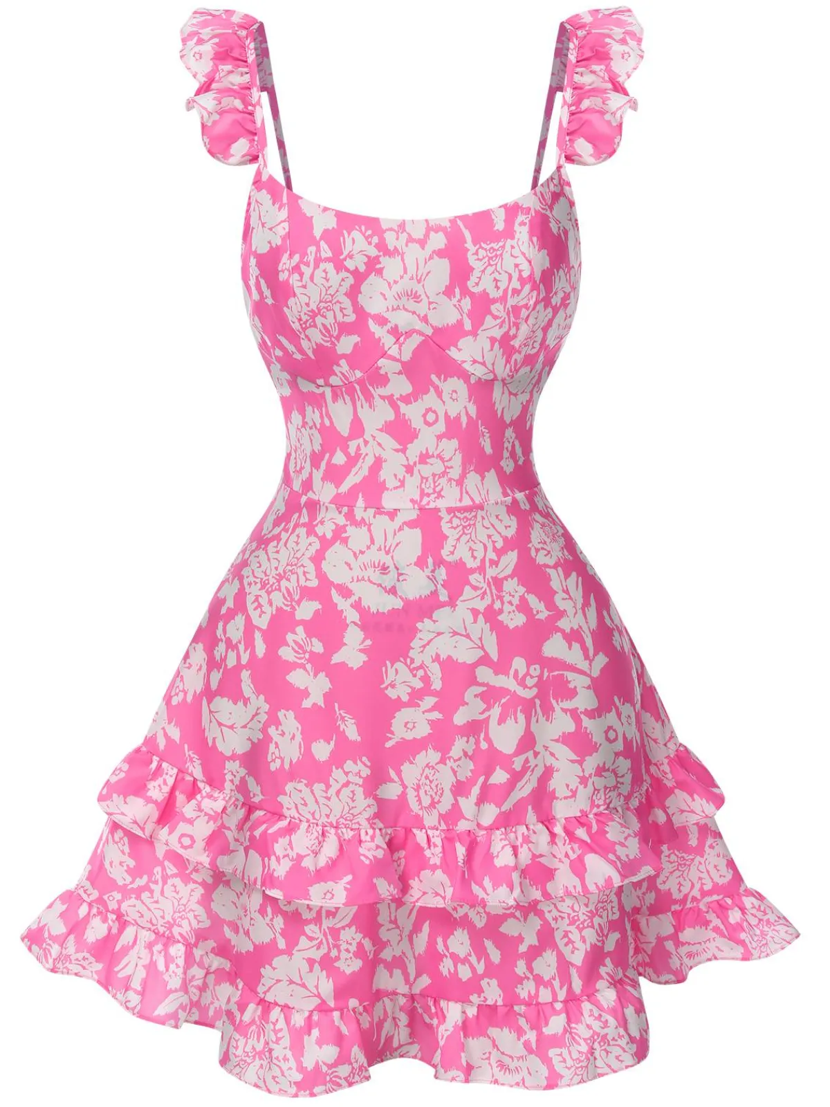 New Retro Stage 1970s Ruffled Suspender Lace-Up Floral Dress Pink