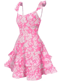 New Retro Stage 1970s Ruffled Suspender Lace-Up Floral Dress Pink