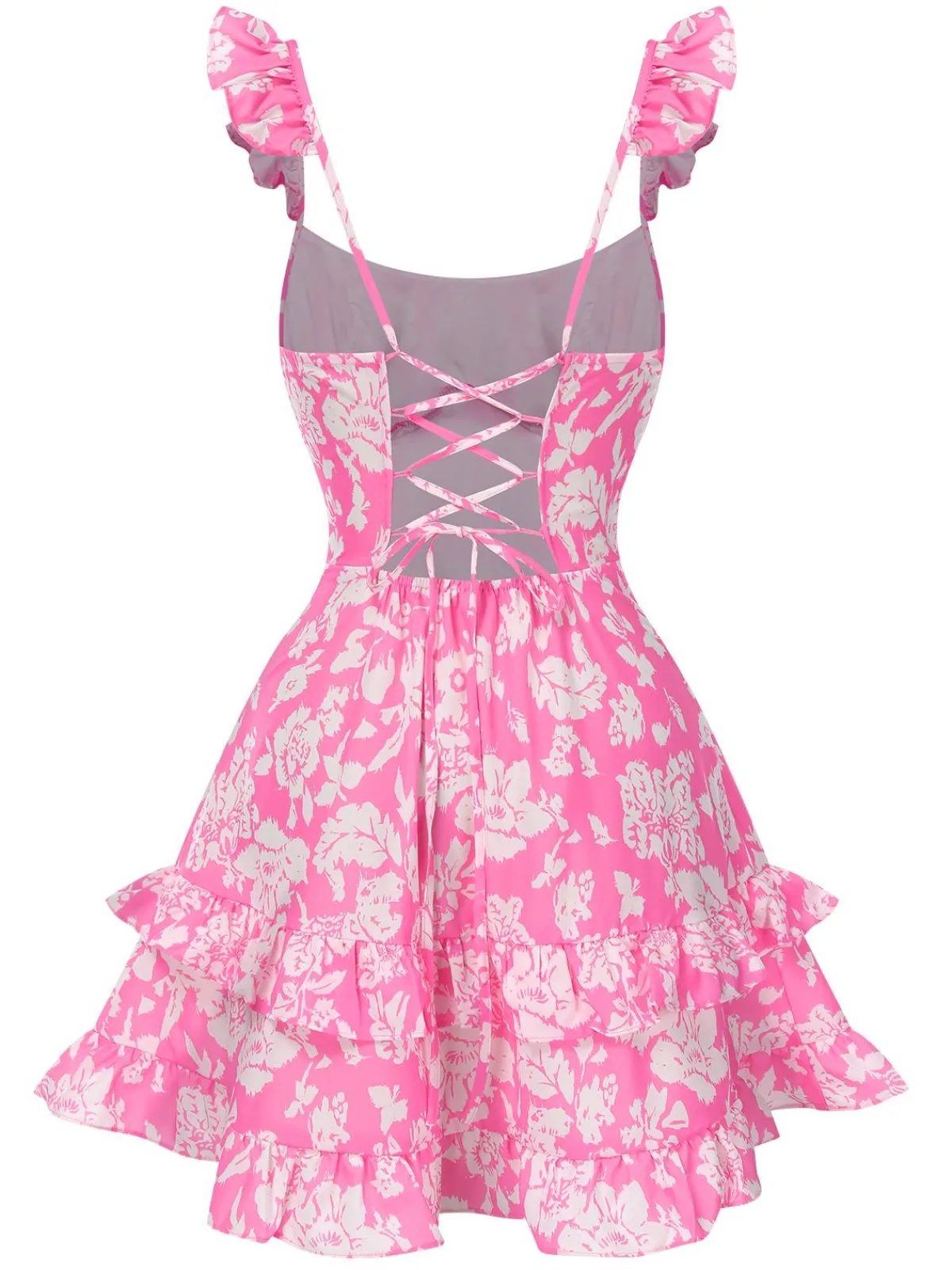 New Retro Stage 1970s Ruffled Suspender Lace-Up Floral Dress Pink
