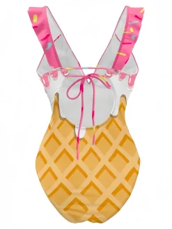Outlet Retro Stage 1970s Ruffled Tie Back Ice-Cream Swimsuit Pink