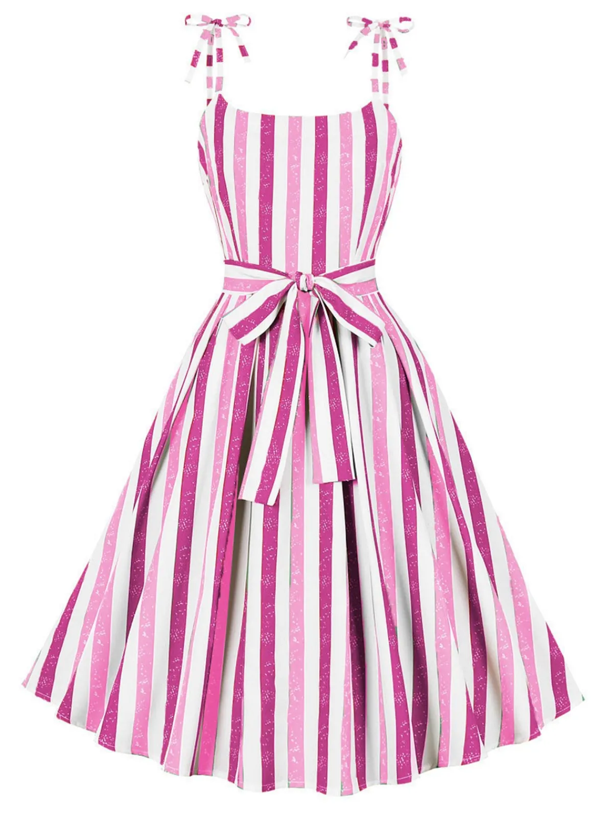 Best Retro Stage Pink 1950s Shoulder Tie Belted Stripes Dress