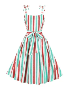 Best Retro Stage Pink 1950s Shoulder Tie Belted Stripes Dress
